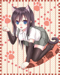 Rule 34 | 10s, 1girl, :o, all fours, animal ears, arm warmers, asashio (kancolle), black hair, blue eyes, blush, cat ears, cat tail, ikeda yuuki, kantai collection, kemonomimi mode, long hair, paw pose, paw print, personification, pleated skirt, shirt, skirt, solo, suspenders, tail, thighhighs, white shirt, zettai ryouiki