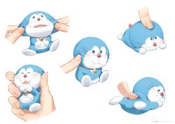 Rule 34 | ^ ^, bell, blue eyes, cheek pinching, cheek poking, cheek press, cheek pull, cheek squash, closed eyes, doraemon, doraemon (character), fingernails, in palm, jingle bell, looking at viewer, looking back, looking up, lying, mini person, miniboy, multiple views, on stomach, out of frame, pinching, poking, robot, ryota (ry o ta), sideways glance, signature, simple background, sitting, v arms, white background