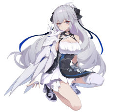 Rule 34 | 1girl, absurdres, bare shoulders, breasts, bronya zaychik, bronya zaychik (silverwing: n-ex), cleavage, closed mouth, commentary request, dress, expressionless, full body, gloves, grey eyes, grey hair, hair between eyes, hair ornament, high heels, highres, honkai (series), honkai impact 3rd, long hair, looking at viewer, medium breasts, single thighhigh, sleeveless, sleeveless dress, solo, squatting, thighhighs, tianyu huapo, white dress, white thighhighs