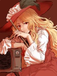 Rule 34 | 1girl, blonde hair, brown background, brown hat, brown skirt, brown vest, closed mouth, commentary request, cross, eyelashes, frilled hat, frilled skirt, frills, hat, hat feather, highres, holding, holding cross, jacket girl (dipp), korean commentary, kuya (hey36253625), long hair, long sleeves, parted bangs, red eyes, shirt, simple background, skirt, television, touhou, very long hair, vest, wavy hair, white shirt