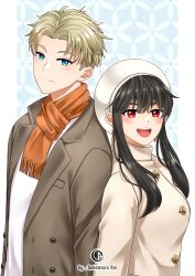 Rule 34 | 1boy, 1girl, black hair, blonde hair, blue eyes, brown coat, coat, earrings, gold earrings, highres, jewelry, looking at viewer, ookamiura aoi, open mouth, orange scarf, red eyes, scarf, spy x family, sweater, twilight (spy x family), white coat, white headwear, white sweater, yor briar