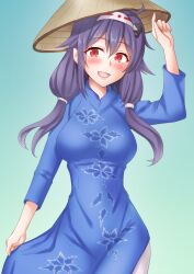 Rule 34 | 1girl, alternate costume, anti (untea9), blue background, blue dress, breasts, cowboy shot, dress, floral print, gradient background, hair flaps, hair ornament, hairband, hat, highres, holding, holding clothes, holding hat, kantai collection, large breasts, low twintails, pants, purple hair, red eyes, rice hat, ryuuhou (kancolle), smile, solo, taigei (kancolle), twintails, vietnamese dress, whale hair ornament, white hairband