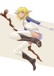 Rule 34 | 1girl, absurdres, aura bella fiora, black footwear, blonde hair, blue eyes, blue skirt, blush, boots, breasts, closed mouth, dark elf, dark skin, elf, full body, gloves, green eyes, heterochromia, highres, holding, jumping, long pointy ears, looking at viewer, miniskirt, myht, overlord (maruyama), pleated skirt, pointy ears, shirt, short hair, simple background, skirt, smile, solo, staff, thighhighs, thighs, white gloves, white shirt