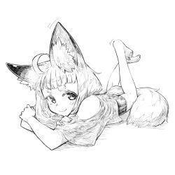 Rule 34 | 1girl, ahoge, animal ear fluff, animal ears, barefoot, bike shorts, clothing cutout, fox ears, fox girl (jaco), fox tail, full body, greyscale, jaco, legs up, long hair, looking at viewer, lying, monochrome, on stomach, original, shirt, shorts, shoulder cutout, simple background, smile, solo, tail, thick eyebrows, white background