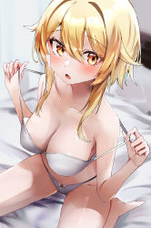 Rule 34 | 1girl, :o, absurdres, bare arms, bare legs, bare shoulders, barefoot, bed, blonde hair, blush, bra, breasts, cleavage, genshin impact, hair between eyes, highres, holding, indoors, knees out of frame, large breasts, looking at viewer, lumine (genshin impact), medium breasts, nanashinayuzu mochi, off shoulder, open mouth, panties, short hair with long locks, sidelocks, sitting, solo, strap pull, thighs, underwear, underwear only, undressing, wariza, white bra, white panties, yellow eyes