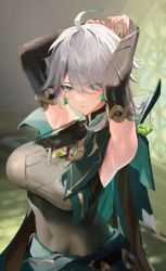 Rule 34 | 1girl, absurdres, ahoge, alhaitham (genshin impact), armpits, arms behind head, bodysuit, breasts, bridal gauntlets, cape, cleavage cutout, closed mouth, clothing cutout, covered navel, gem, genderswap, genshin impact, green eyes, green gemstone, green hair, grey hair, hair over one eye, highres, hominamia, large breasts, looking at viewer, multicolored hair, shirt, short hair, sleeveless, sleeveless shirt, solo, white hair