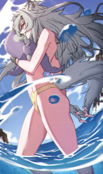 Rule 34 | absurdres, animal, animal ear fluff, animal ears, arknights, bare legs, bare shoulders, bikini, breasts, closed mouth, fingerless gloves, gloves, grey eyes, grey hair, hair ornament, hairclip, highres, holding, holding animal, kimo suna, lappland (arknights), long hair, mismatched bikini, octopus, scar, scar across eye, scar on face, small breasts, smile, swimsuit, tail, very long hair, wading, water, white bikini, white gloves, wolf ears, wolf girl, wolf tail, yellow bikini