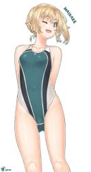 Rule 34 | 1girl, absurdres, arms behind head, artist logo, bad id, bad twitter id, blonde hair, blue eyes, competition swimsuit, feet out of frame, flat chest, from below, gluteal fold, highres, kantai collection, looking at viewer, maikaze (kancolle), multicolored clothes, multicolored swimsuit, notchi, one-piece swimsuit, one eye closed, open mouth, parted bangs, ponytail, scrunchie, short hair, short ponytail, smile, solo, swimsuit, teeth, upper teeth only
