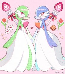 Rule 34 | alternate color, artist name, blue hair, colored skin, cookie, creatures (company), dress, flower, food, fork, game freak, gardevoir, gardevoir day, gen 3 pokemon, green hair, hair over one eye, heart, letter, looking at viewer, love letter, mochopaccho, multicolored skin, nintendo, pink background, pink eyes, pokemon, pokemon (creature), shiny pokemon, smile, two-tone skin, white dress, white skin