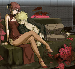 Rule 34 | 1boy, 1girl, aged up, blonde hair, blue eyes, breasts, bun cover, china dress, chinese clothes, cleavage, couch, couple, crossed legs, double bun, dress, feet, flower, gintama, hair bun, hetero, high heels, kagura (gintama), legs, pectorals, red eyes, red hair, red thighhighs, rose, sakata kintoki, shoe dangle, shoes, sitting, thighhighs