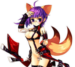 Rule 34 | 10s, 1girl, animal ears, bottomless, breasts, female focus, fox (trickster), fox ears, fox tail, glasses, knife, nipple slip, nipples, purple eyes, purple hair, pussy, revealing clothes, simple background, solo, tail, thighhighs, third-party edit, trickster (ntreev soft), uncensored, white background