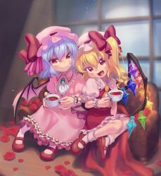 Rule 34 | 2girls, :d, ascot, black wings, blonde hair, blue gemstone, blue hair, blurry, blurry background, bobby socks, bow, brooch, closed mouth, collar, couch, crystal, cup, dress, fang, fingernails, flandre scarlet, flower, frilled collar, frilled skirt, frills, gem, hair between eyes, hat, hat bow, holding, holding cup, indoors, jewelry, light blue hair, light particles, long hair, looking at viewer, mary janes, mob cap, multiple girls, nail polish, on couch, open mouth, petals, pink dress, pink headwear, pink wings, puffy short sleeves, puffy sleeves, red bow, red eyes, red flower, red footwear, red nails, red rose, red skirt, red vest, remilia scarlet, ribbon trim, rose, shadow, sharp fingernails, shoes, short hair, short sleeves, siblings, side ponytail, sisters, sitting, skirt, skirt set, smile, socks, tea, teacup, touhou, two-tone wings, ukata, vest, white ascot, white headwear, white socks, window, wings, wooden floor, yellow ascot