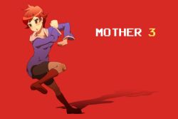 Rule 34 | 1girl, bike shorts, chichi band, copyright name, dress, kumatora, mother (game), mother 3, nintendo, pink hair, red background, short hair, simple background, solo
