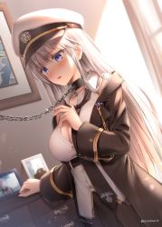 Rule 34 | 1girl, azur lane, bare shoulders, bdsm, black necktie, black skirt, blush, breasts, chain, collar, collared shirt, commentary request, day, dutch angle, enterprise (azur lane), glint, hat, indoors, large breasts, leash, long hair, necktie, open mouth, peaked cap, photo (object), purple eyes, shirt, silver hair, skirt, slave, sleeveless, sleeveless shirt, solo, suyamori, twitter username, very long hair