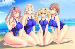 Rule 34 | 4girls, between legs, blonde hair, blue eyes, blue one-piece swimsuit, breasts, cleavage, competition swimsuit, full body, gambier bay (kancolle), grey eyes, hand between legs, highleg, highleg swimsuit, highres, hornet (kancolle), impossible clothes, impossible swimsuit, intrepid (kancolle), kantai collection, large breasts, long hair, montemasa, multiple girls, one-piece swimsuit, ponytail, saratoga (kancolle), seiza, sitting, smokestack hair ornament, swimsuit, twintails