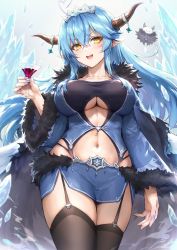 Rule 34 | 1girl, ahoge, alternate costume, black thighhighs, blue coat, blue hair, blue nails, blue skirt, blush, breasts, cleavage, cleavage cutout, clothing cutout, coat, cocktail glass, commentary, cowboy shot, cup, daifuku (yukihana lamy), demon horns, drinking glass, fangs, flower, fur trim, garter straps, hair between eyes, hair flower, hair ornament, haoni, heart, heart ahoge, highres, holding, holding cup, hololive, horn ornament, horns, ice, large breasts, light blue hair, long hair, looking at viewer, midriff, miniskirt, multicolored hair, nail polish, navel, open mouth, piercing, pointy ears, side slit, skindentation, skirt, smile, solo, streaked hair, thighhighs, thighs, tiara, tsurime, two-tone hair, underboob, virtual youtuber, yellow eyes, yukihana lamy