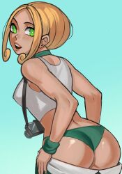 Rule 34 | 1girl, absurdres, ass, bare shoulders, blonde hair, breasts, camera, clothes pull, covered erect nipples, creatures (company), crop top, from behind, game freak, green eyes, highres, kaimecha, large breasts, looking back, medium hair, nintendo, pants, pants pull, pokemon, pokemon xy, sleeveless, thong, viola (pokemon)