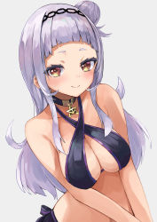 Rule 34 | 1girl, alternate breast size, bikini, bikini top only, blunt bangs, blush, breasts, choker, cleavage, collarbone, commentary request, criss-cross halter, hair bun, hairband, halterneck, headband, highres, hololive, konkito, looking at viewer, murasaki shion, murasaki shion (hololive summer 2019), official alternate costume, short bangs, silver hair, simple background, single hair bun, single side bun, smile, solo, swimsuit, v arms, virtual youtuber, white background, yellow eyes