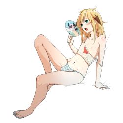 Rule 34 | 1boy, androgynous, arm support, bad id, bad pixiv id, blonde hair, blue eyes, bulge, chung seiker, collarbone, elsword, full body, hair flaps, hand fan, hot, long hair, male focus, navel, nipples, off shoulder, open mouth, panties, paper fan, simple background, solo, striped clothes, striped panties, trap, uchiwa, underwear, waero, white background