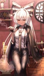 Rule 34 | 1girl, alternate costume, black cape, black gloves, black nails, black necktie, black pants, blunt bangs, bow, breasts, cape, cigarette, closed mouth, collared shirt, contemporary, feet out of frame, fingerless gloves, fujiwara no mokou, gloves, hair bow, hand up, highres, hisako (6anmbblfnjueeff), holding, holding cigarette, indoors, light smile, long hair, long sleeves, looking to the side, medium breasts, nail polish, necktie, pants, pantyhose, red eyes, shirt, sidelocks, smile, smoke, solo, standing, suspenders, thigh gap, touhou, traditional media, v-shaped eyebrows, very long hair, white bow, white hair, white shirt