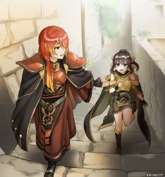 Rule 34 | 1boy, 1girl, armor, boots, brother and sister, brown eyes, brown hair, cloak, delthea (fire emblem), fang, fingerless gloves, fire emblem, fire emblem echoes: shadows of valentia, futabaaf, gloves, gradient hair, hair between eyes, hair over one eye, hair ribbon, luthier (fire emblem), multicolored hair, nintendo, open mouth, orange hair, outstretched hand, ponytail, red hair, ribbon, robe, running, short hair, siblings, side ponytail, sleeveless, stairs, stone wall, walking, wall, wristband