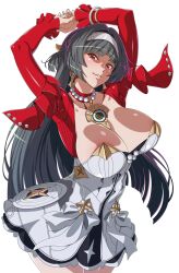 1girl arms_up astra_yao black_hair blush bracelet breasts cleavage cropped_jacket dress earrings grin hair_ornament hairband j.h. jacket jewelry large_breasts long_hair long_sleeves looking_at_viewer pendant red_eyes red_jacket smile solo white_dress zenless_zone_zero