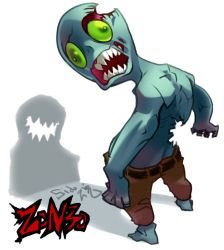 Rule 34 | artist name, from behind, green eyes, looking at viewer, looking back, no humans, open mouth, shadow, sharp teeth, topless male, sido (slipknot), solo, standing, teeth, white background, zombie