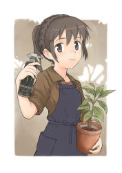 Rule 34 | 1girl, absurdres, apron, black eyes, blue apron, braid, breasts, brown hair, brown shirt, commentary request, crown braid, ennui orz, highres, holding, monster energy, original, plant, ponytail, potted plant, shirt, small breasts, solo, spray can, upper body