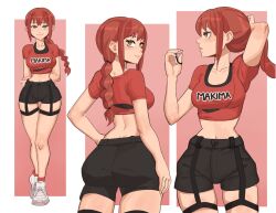 Rule 34 | 1girl, absurdres, ass, black shorts, braid, breasts, chainsaw man, cheerleader, crop top, hands on own hips, highres, hyyun ho, looking at viewer, makima (chainsaw man), medium breasts, midriff, multiple views, navel, ponytail, red hair, red shirt, shirt, short hair, short shorts, shorts, smile, thigh gap, two-tone background, white footwear, yellow eyes