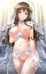 Rule 34 | 1girl, ahoge, blush, breasts, bride, brown hair, cleft of venus, commentary request, cowboy shot, crop top, detached sleeves, flower, garter belt, gloves, hair flower, hair ornament, highres, idolmaster, idolmaster shiny colors, jewelry, kuwayama chiyuki, large breasts, long hair, long sleeves, looking at viewer, midriff, navel, nipples, nude, parted lips, pussy, ring, smile, solo, standing, stomach, thighhighs, underwear, urabi (tomatohouse), veil, white gloves, white thighhighs, yellow eyes