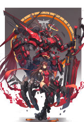 Rule 34 | 1girl, absurdres, armpit peek, breasts, brown hair, covered navel, floating hair, halo, highres, holding, holding sword, holding weapon, horns, long hair, looking at viewer, mecha, mecha musume, original, red eyes, redrawn, robot, science fiction, single horn, small breasts, sword, syaha, visor, weapon