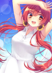 Rule 34 | 1girl, :d, armpits, arms up, bad id, bad pixiv id, dress, floating hair, flower, fuyu rin, hair between eyes, hair flower, hair ornament, highres, lens flare, long hair, looking at viewer, open mouth, orange eyes, original, red hair, shiny skin, sleeveless, sleeveless dress, smile, solo, standing, sundress, sunflower, twintails, very long hair, white dress