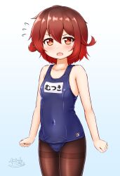 Rule 34 | 1girl, blue background, brown eyes, brown hair, brown pantyhose, cowboy shot, gradient background, gradient hair, highres, kantai collection, looking at viewer, multicolored hair, mutsuki (kancolle), old school swimsuit, open mouth, pantyhose, pantyhose under swimsuit, red hair, school swimsuit, short hair, signature, solo, swimsuit, zanne