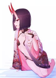 Rule 34 | 1girl, absurdres, bob cut, breasts, bridal gauntlets, collarbone, eyeliner, fate/grand order, fate (series), floral print, highres, horns, japanese clothes, kimono, long sleeves, looking at viewer, makeup, navel, oni, open clothes, open kimono, open mouth, pink kimono, purple eyes, purple hair, sawarineko, short hair, shuten douji (fate), skin-covered horns, small breasts, smile, solo, thighs, tongue, tongue out, wide sleeves