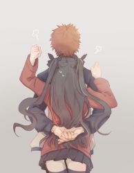 Rule 34 | 1boy, 1girl, bad id, bad pixiv id, black hair, black skirt, black thighhighs, cowboy shot, emiya shirou, fate/stay night, fate (series), grey background, long hair, miniskirt, orange hair, own hands together, pleated skirt, simple background, skirt, sweater, thighhighs, tohsaka rin, two side up, yampopo