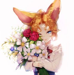 Rule 34 | 1girl, animal ears, blue eyes, blue flower, blueorca, bouquet, eyes visible through hair, flower, fox ears, holding, holding bouquet, looking at viewer, medium hair, hugging object, one eye closed, orange hair, original, parted lips, red flower, red neckwear, red rose, rose, short eyebrows, simple background, smile, solo, upper body, white background, white flower