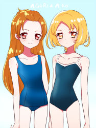 Rule 34 | 10s, 2girls, bad anatomy, blonde hair, blue background, brown hair, character name, collarbone, competition school swimsuit, dokidoki! precure, kagami chihiro, long hair, looking at viewer, madoka aguri, multiple girls, old school swimsuit, one-piece swimsuit, orange eyes, precure, red eyes, school swimsuit, shirabe ako, short hair, smile, suite precure, swimsuit