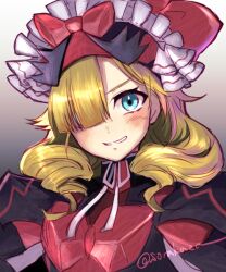 Rule 34 | armor, blonde hair, blue eyes, fire emblem, fire emblem engage, hair over one eye, hat, looking at viewer, marni (fire emblem), nintendo, red armor, ribbon