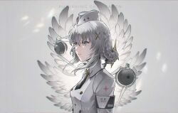 Rule 34 | 1girl, barcode, black necktie, breasts, buttons, character name, closed mouth, collared dress, copyright name, dress, floating, floating object, garrison cap, grey background, grey dress, grey eyes, grey hair, grey hat, hair ornament, hat, highres, liv: empyrea (punishing: gray raven), liv (punishing: gray raven), long hair, long sleeves, necktie, non-humanoid robot, punishing: gray raven, robot, sidelocks, small breasts, ting zhi yue, wings, x hair ornament