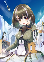Rule 34 | 1girl, arknights, bird, bird mask, blue sky, box, breasts, breath, brown hair, clothes around waist, cold, commentary, day, drone, earrings, equipment, gas mask, gloves, green sweater, groping, hair between eyes, hoop earrings, ice, igloo, jacket, jacket around waist, jewelry, lens flare, long sleeves, magallan (arknights), magallan (elite ii) (arknights), mask, mask around neck, medium breasts, multicolored hair, open mouth, outdoors, penguin, ribbed sweater, short hair, single earring, sky, smile, snow, snow shelter, solo, strap, streaked hair, sweater, therianthrope, tools, tripod, turtleneck, turtleneck sweater, two-tone hair, white gloves, white hair, yatsucchie