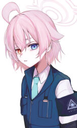 Rule 34 | 1girl, absurdres, ahoge, aqua necktie, armband, blue archive, blue armband, blue eyes, blue vest, bulletproof vest, collared shirt, hair between eyes, hair flaps, halo, heterochromia, highres, hoshino (blue archive), hoshino (young) (blue archive), huge ahoge, looking at viewer, necktie, parted lips, pink hair, pink halo, shirt, short hair, simple background, solo, upper body, vest, white background, white shirt, yagiusagi, yellow eyes