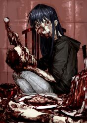 1girl black_hoodie blood blue_hair chair cuts death disembodied_head eyeball fork guro highres holding holding_detached_head holding_fork hood hoodie horror_(theme) injury kitchen_knife knife murder open_mouth original pants plate red_eyes smile solo table teeth white_pants wuwuren