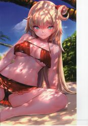 Rule 34 | 1girl, absurdres, akai haato, akai haato (hololive summer 2019), akasaai, arm support, bare shoulders, barefoot, bikini, bikini skirt, blonde hair, blue hair, blue sky, blush, breasts, closed mouth, collarbone, day, hair ornament, highres, hololive, long hair, looking at viewer, medium breasts, navel, outdoors, palm tree, red bikini, scan, simple background, sitting, skirt, sky, smile, solo, stomach, swimsuit, thighs, tree, virtual youtuber