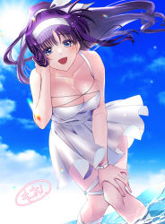 Rule 34 | 1girl, absurdres, aged up, blue eyes, blue hair, blush, breasts, cleavage, cloud, cloudy sky, collarbone, covered erect nipples, dress, hair ornament, hair ribbon, hairband, highres, large breasts, leonis g, long hair, looking at viewer, lyrical nanoha, mahou shoujo lyrical nanoha, open mouth, outdoors, ribbon, shiny skin, sky, smile, solo, tsukimura suzuka, white dress
