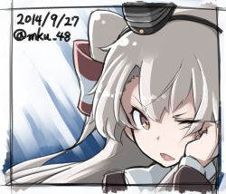 Rule 34 | 10s, 1girl, 2014, amatsukaze (kancolle), brown eyes, close-up, dated, fang, hand on own face, headgear, kantai collection, long hair, long sleeves, looking at viewer, mku, one eye closed, open mouth, sailor collar, silver hair, solo, twitter username, two side up