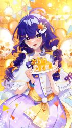 Rule 34 | 1girl, :d, ahoge, akaishi yashi, balloon, birthday cake, blue eyes, blue hair, blue ribbon, bow, bracelet, braid, brooch, cake, capelet, confetti, cowboy shot, dark blue hair, double-parted bangs, dress, empire waist, food, frilled dress, frills, full body, hair between eyes, hair bow, hair ornament, hanging light, highres, hiiro momiji, holding, holding plate, indie virtual youtuber, jewelry, leaf, leaf hair ornament, long hair, looking at viewer, maple leaf, multicolored eyes, neck ribbon, open mouth, orange bow, orange eyes, orange sash, peter pan collar, plaid, plaid dress, plate, pom pom (clothes), pom pom hair ornament, purple dress, ribbon, sash, smile, solo, string of flags, twin braids, virtual youtuber, white capelet