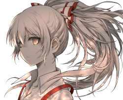 Rule 34 | 1girl, absurdres, alternate eye color, alternate hairstyle, bow, closed mouth, collared shirt, commentary request, fujiwara no mokou, grey bow, grey hair, grey shirt, hair between eyes, hair bow, highres, long hair, looking at viewer, multicolored bow, orange eyes, ponytail, red bow, shimoda masaya, shirt, short sleeves, sidelocks, simple background, solo, touhou, upper body, white background