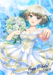 Rule 34 | 1girl, :d, bare shoulders, blue eyes, bouquet, breasts, bridal veil, circuit58, cleavage, collarbone, dated, dress, earrings, flower, frilled dress, frills, green eyes, green flower, green hair, happy birthday, highres, idolmaster, idolmaster cinderella girls, jewelry, light blush, looking at viewer, medium breasts, nail polish, off-shoulder dress, off shoulder, open mouth, outstretched hand, pearl earrings, see-through, short hair, sleeveless, sleeveless dress, smile, takagaki kaede, veil, wedding dress, white dress, white flower