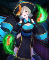 Rule 34 | 1girl, absurdres, breasts, cleavage, facial tattoo, grey hair, guardian tales, hat, highres, hitodama, jiangshi, looking at viewer, medium breasts, mu 3no, official alternate costume, ofuda, open mouth, outstretched arms, red eyes, scrivener lahn, solo, standing, tattoo, zombie pose