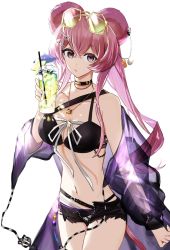 Rule 34 | 1girl, animal ears, arknights, bare shoulders, bikini, black bikini, black choker, black shorts, breasts, choker, cleavage, collarbone, commentary, cowboy shot, cup, cutoffs, drinking glass, eyewear on head, hair between eyes, highres, holding, holding cup, iwashi 80, jacket, jewelry, large breasts, lin (arknights), long hair, long sleeves, looking at viewer, micro shorts, mouse ears, navel, necklace, off shoulder, official alternate costume, pink hair, purple eyes, purple jacket, see-through, shorts, simple background, solo, standing, stomach, sunglasses, swimsuit, symbol-only commentary, thighs, very long hair, white background